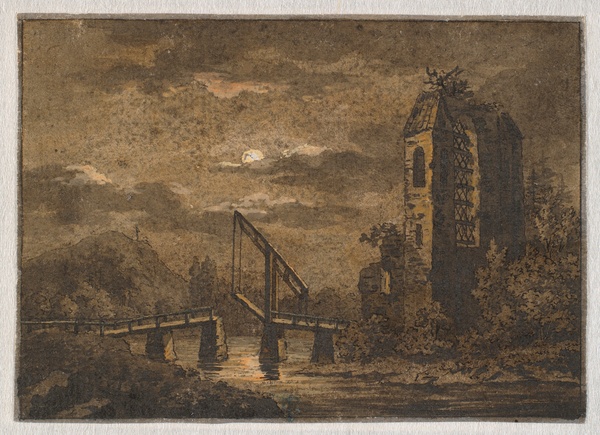 Landscape with Drawbridge and Ruin in Moonlight - Caspar David Friedrich (c. early 19th century)