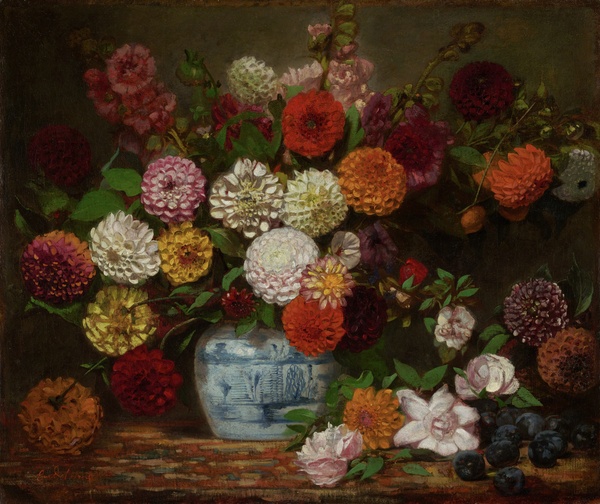Large Bouquet of Flowers—Mostly Dahlias—in a Blue and White Jar - Eugène Delacroix (c. 1833–1850)