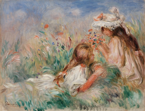 Girls in the Grass Arranging a Bouquet (Fillette couchée sur l'herbe et jeune fille arrangeant un bouquet) - Pierre-Auguste Renoir (c. 1890)