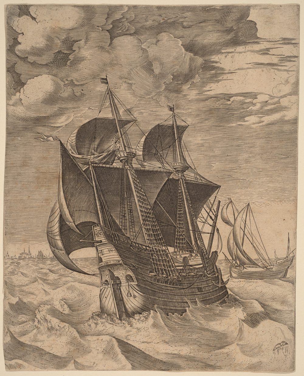 A Dutch Hulk and a Boeier from The Sailing Vessels - After Pieter Bruegel the Elder, engraved by Frans Huys (1565)