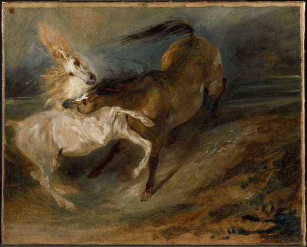 Two Horses Fighting in a Stormy Landscape - Eugène Delacroix (c. 1828)