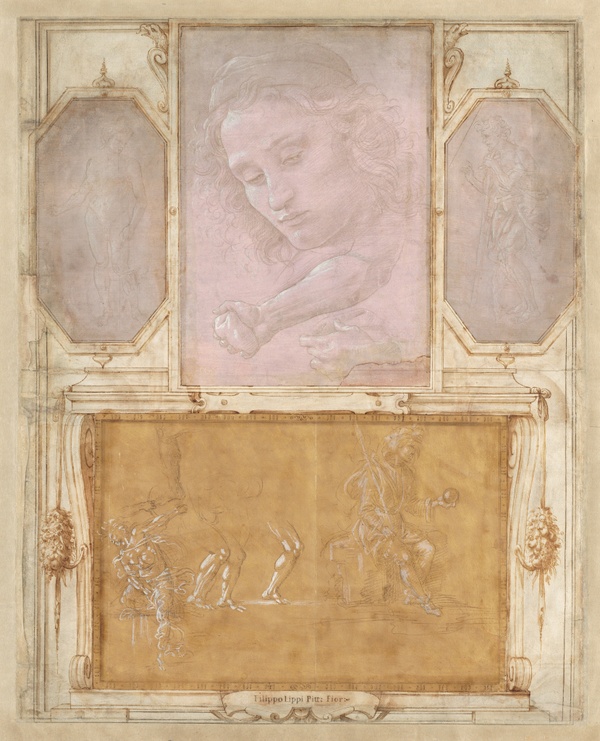 Page from "Libro de' Disegni" (Sheets probably 1480–1504; mounting & framework c. 1575/1590) - Giorgio Vasari with drawings by Filippino Lippi, Botticelli, and Raffaellino del Garbo